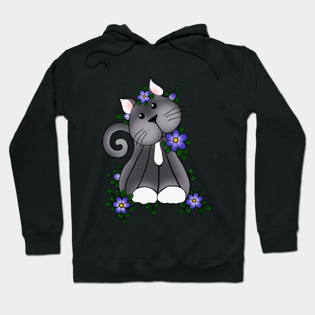 Lovely Kitty Cat Playing in the blue flowers Hoodie by stickypixie